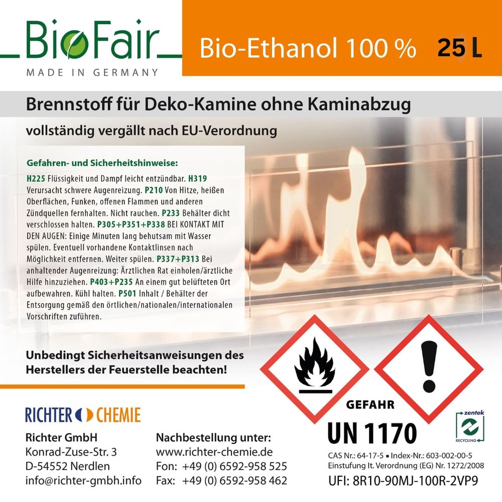 Etikett für Bio-Ethanol 25L mit Flammensymbol Gefahrenhinweisen und Herstellerinformationen.