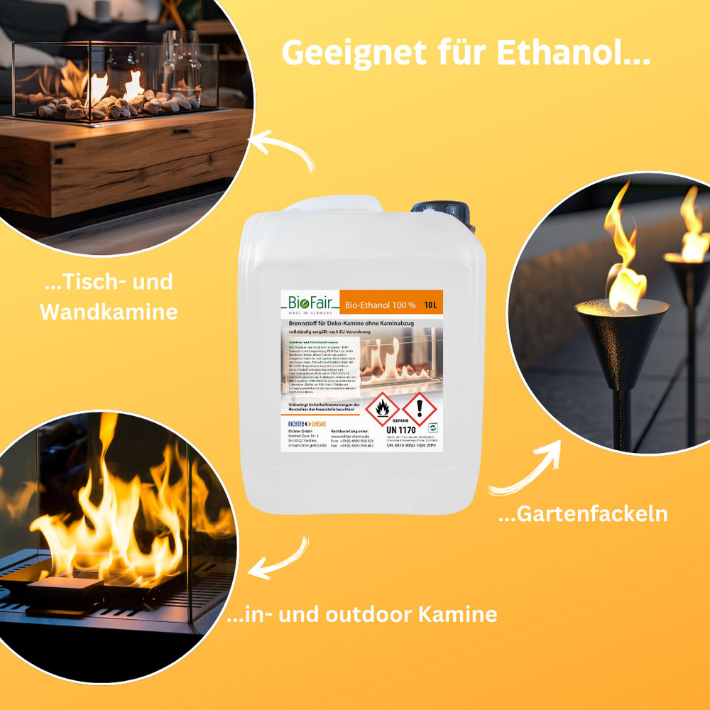 Zwei Reihen mit je fünf weißen Kanistern Bio-Ethanol 10 Liter mit schwarzem Ausgießer.