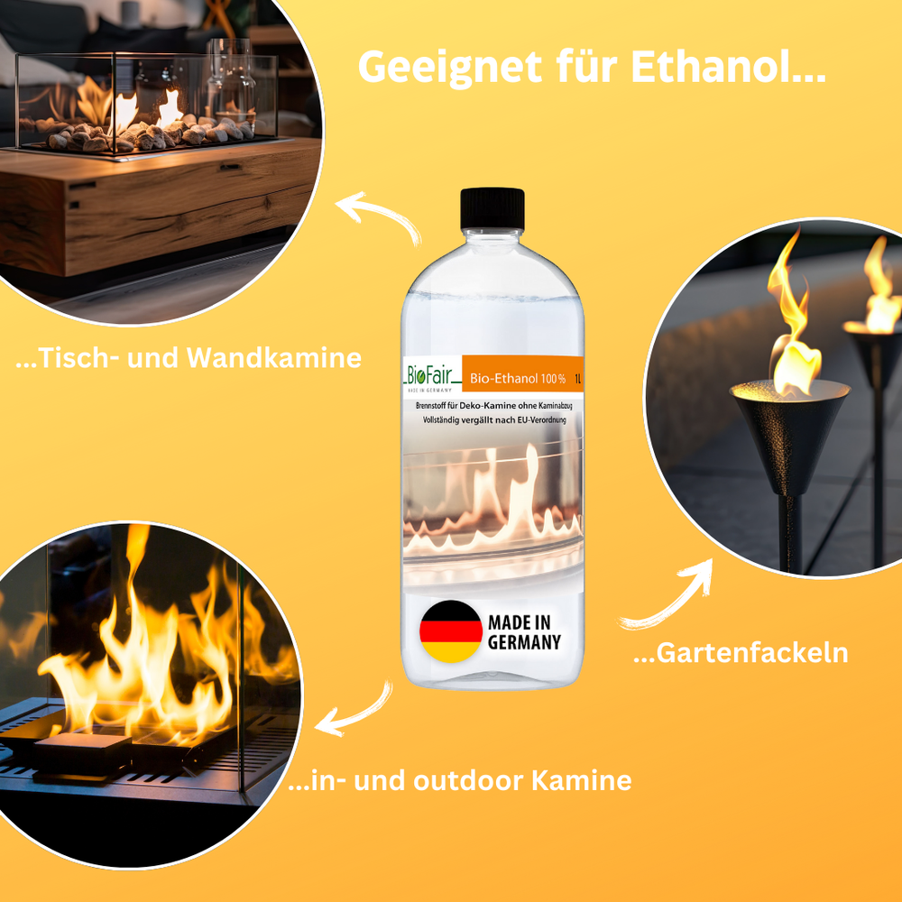 Sechs Flaschen Bio-Ethanol mit Kaminbild und Made in Germany-Etikett schwarze Verschlüsse.