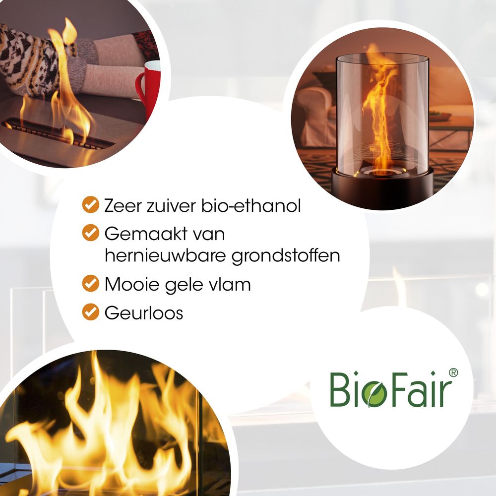 BioFair-Werbung mit Bildern von gelben Flammen und Text über Bioethanol erneuerbare Materialien und geruchloses Feuer.