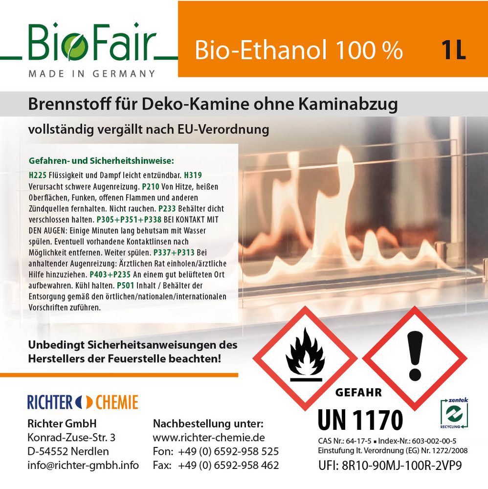 Etikett einer 1L Bio-Ethanol-Flasche mit Sicherheitshinweisen und Flammensymbolen.