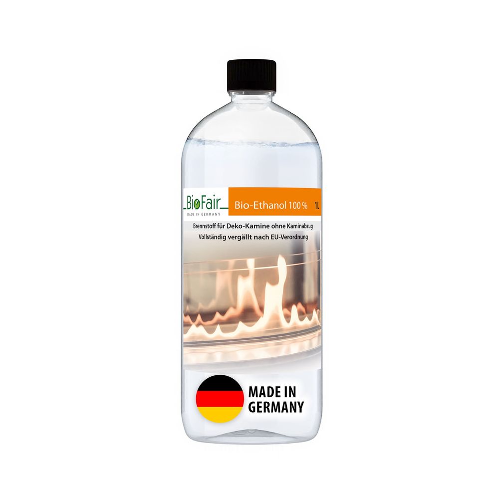 Flasche Bio-Ethanol mit Flammenmotiv schwarzem Deckel und Made in Germany-Label.