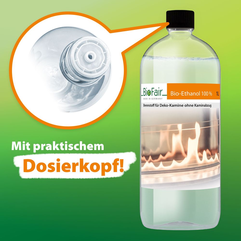 Flasche Bio-Ethanol mit Flammenmotiv schwarzem Deckel und Made in Germany-Label.
