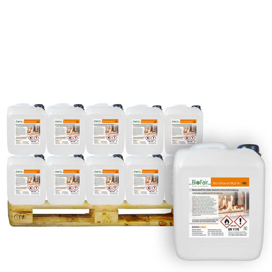 Zehn weiße Kanister mit Etiketten auf einer Palette ein Kanister steht vorne separat.