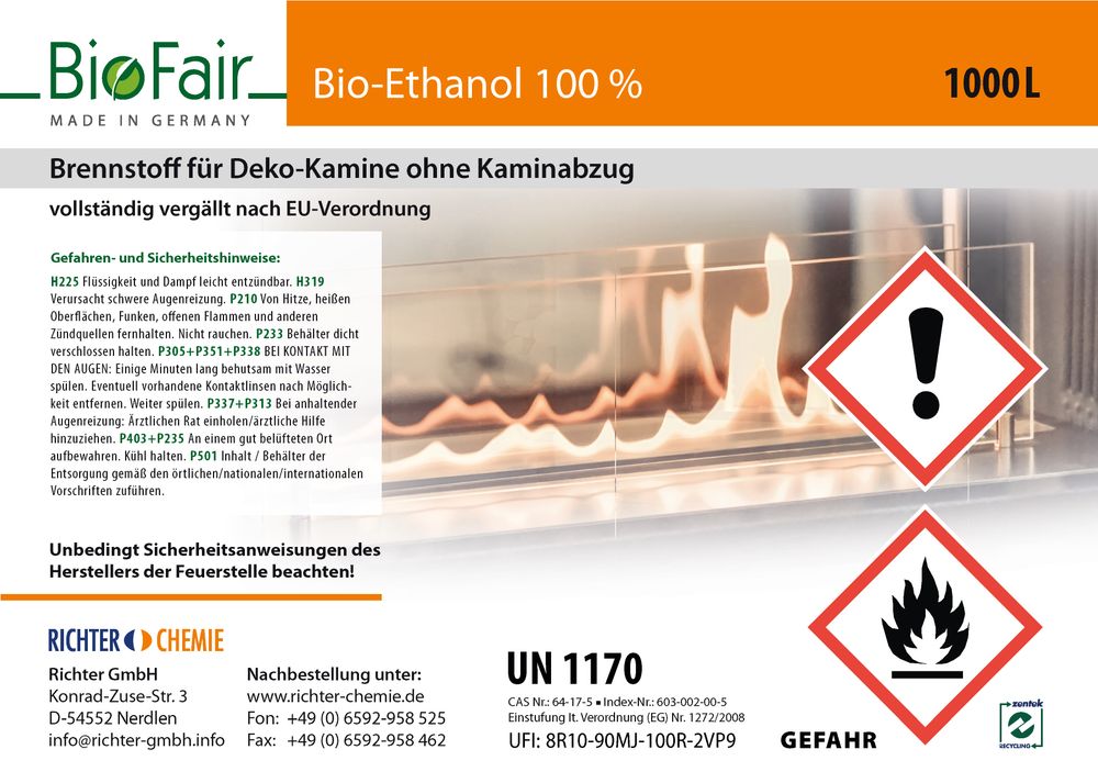 Etikett für Bio-Ethanol 100% mit Flammensymbolen und Warnhinweisen 1000L für Deko-Kamine ohne Abzug.