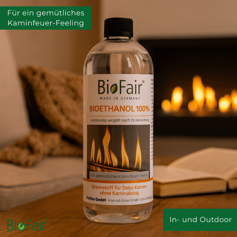 Bioethanol 100 % Flasche von BioFair auf Tisch vor Kaminfeuer, geeignet für In- und Outdoor Nutzung.