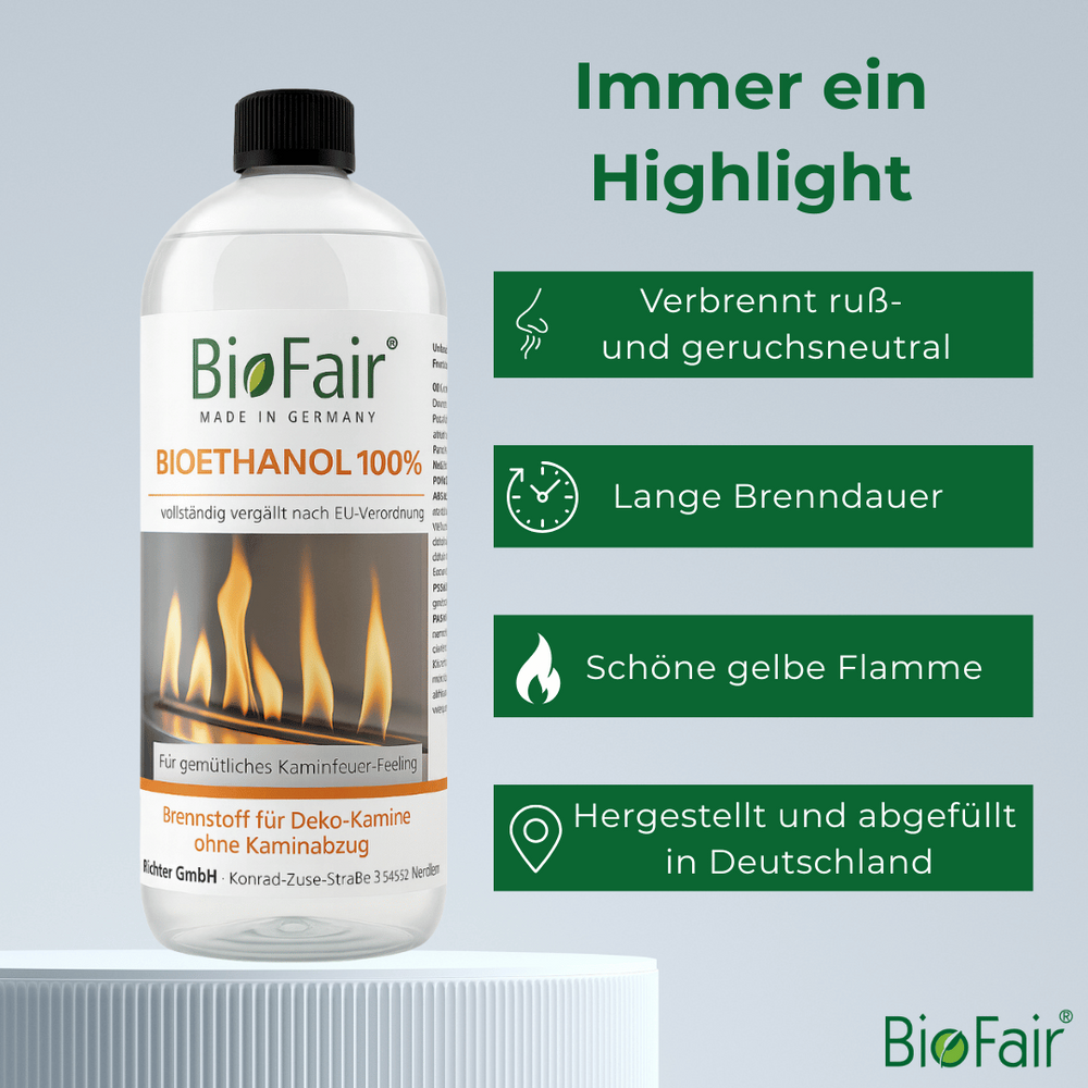 Bioethanol 100 % Flasche von BioFair mit Vorteilen: rußfrei, geruchsneutral, lange Brenndauer, schöne gelbe Flamme.