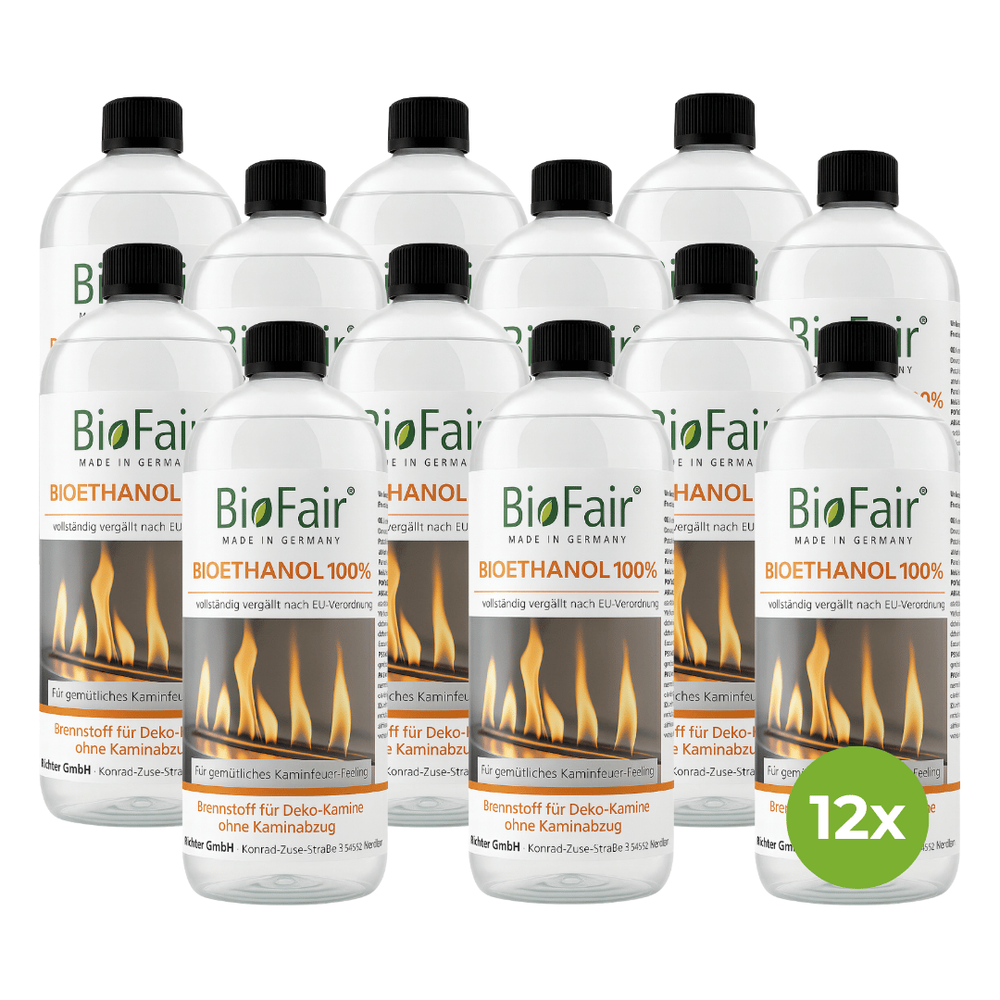 12 1-Liter Flaschen Bioethanol 100 % von BioFair mit schwarzem Deckel und Flammenmotiv als Brennstoff für Ethanolkamine.