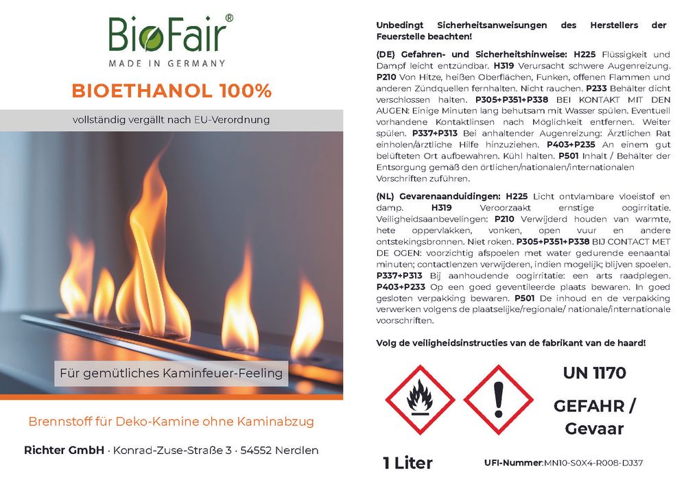 Produktetikett Bioethanol 100 % mit Flammenmotiv, Gefahrensymbolen und Sicherheitshinweisen in Deutsch und Niederländisch.