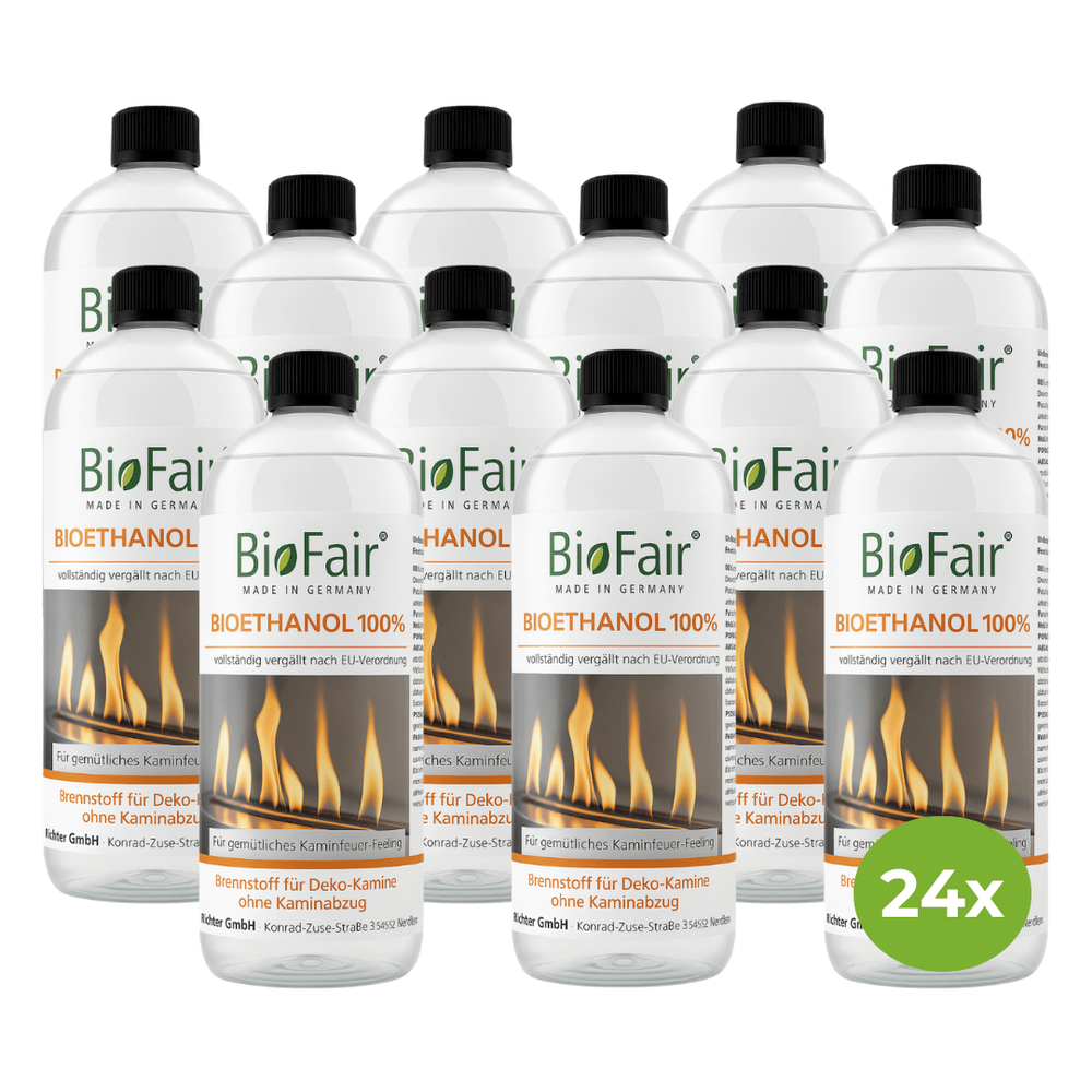 24 1-Liter Flaschen Bioethanol 100 % von BioFair mit schwarzem Deckel und Flammenmotiv als Großpackung für Ethanolkamine.