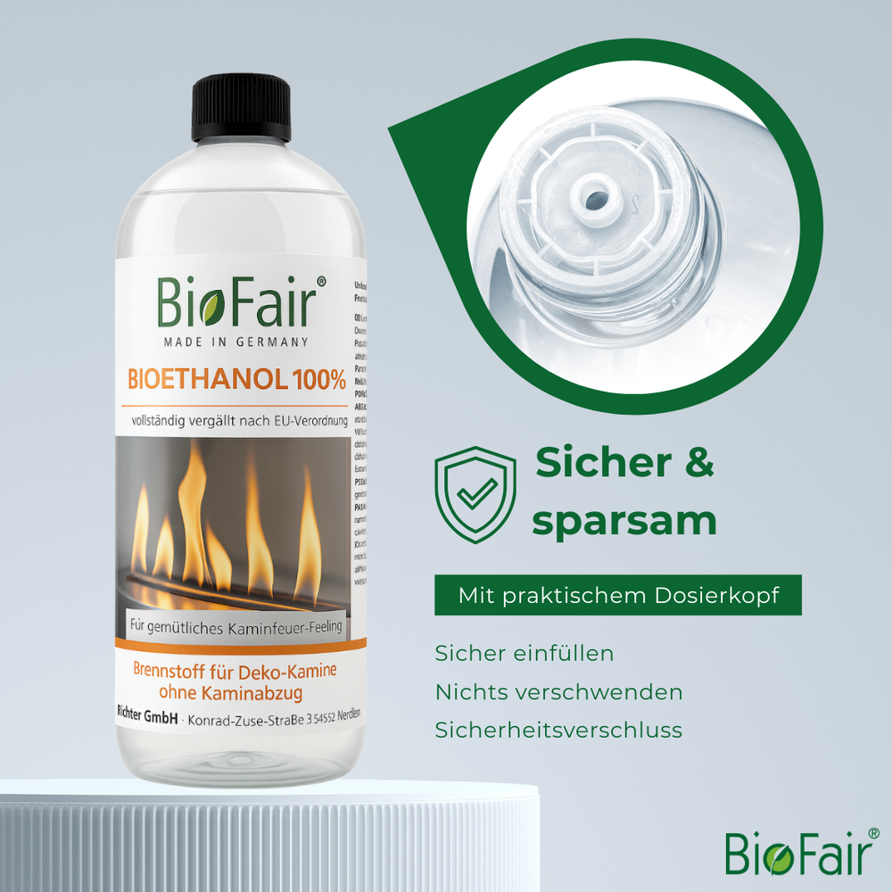 Bioethanol 100 % Flasche von BioFair mit praktischem Dosierkopf, sicherem Verschluss und sparsamer Handhabung.