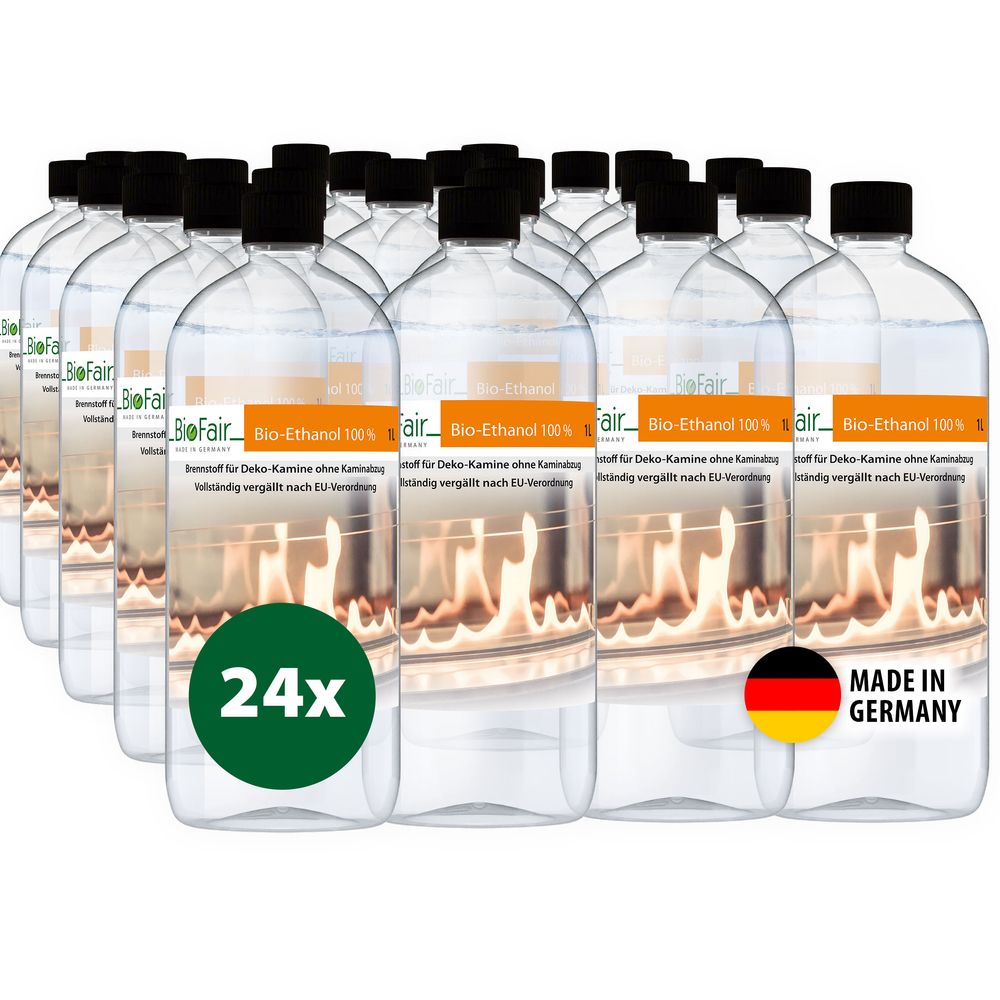 24 transparente Flaschen Bio-Ethanol mit schwarzem Deckel Etikett mit Flammenmotiv Aufschrift Made in Germany.