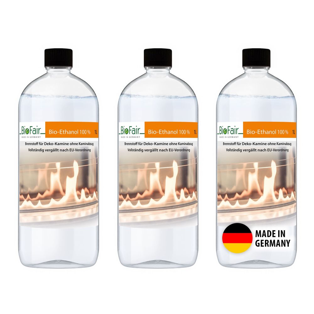 Drei Flaschen Bio-Ethanol mit Flammenbild und Made in Germany-Label schwarze Verschlüsse.
