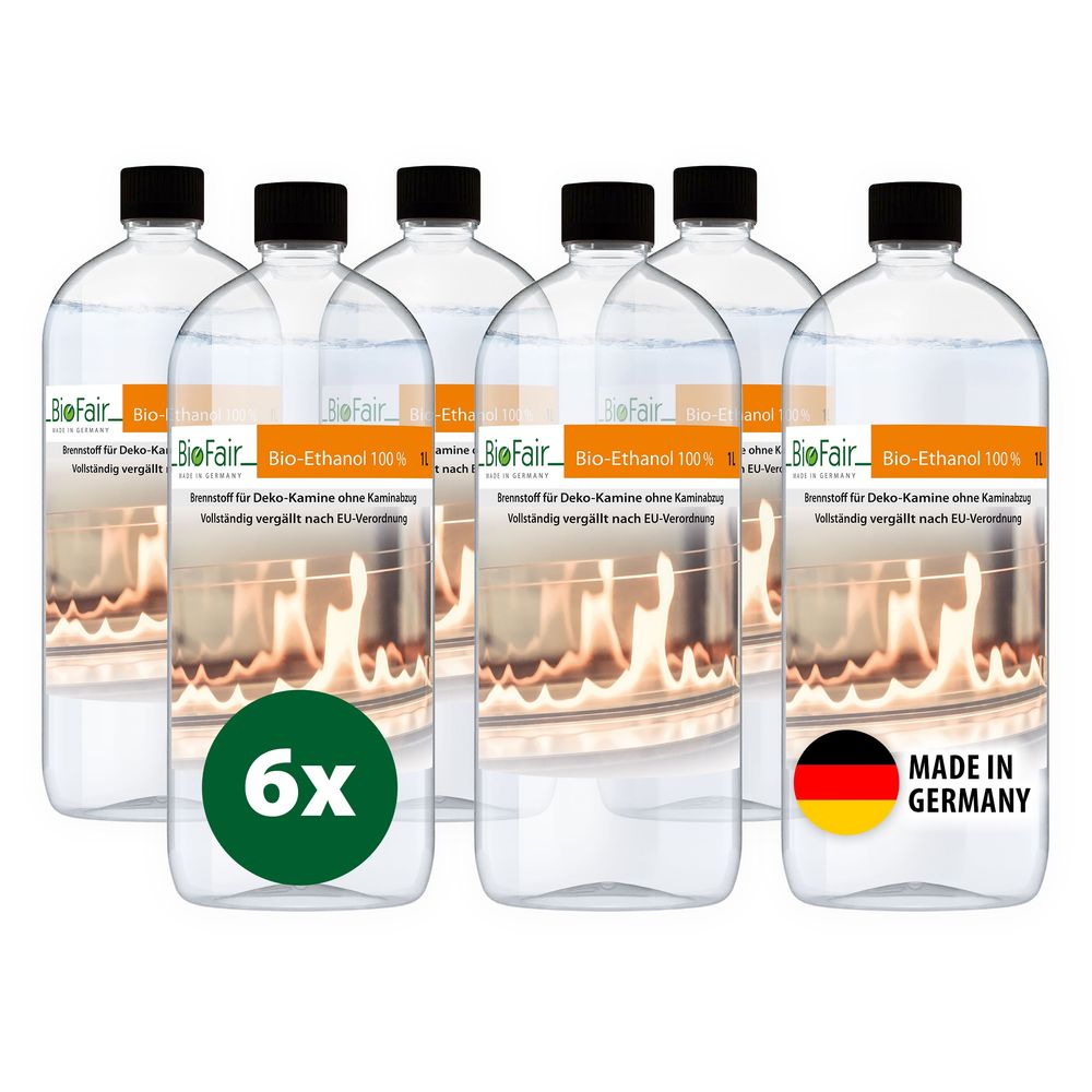 Sechs Flaschen Bio-Ethanol mit Kaminbild und Made in Germany-Etikett schwarze Verschlüsse.
